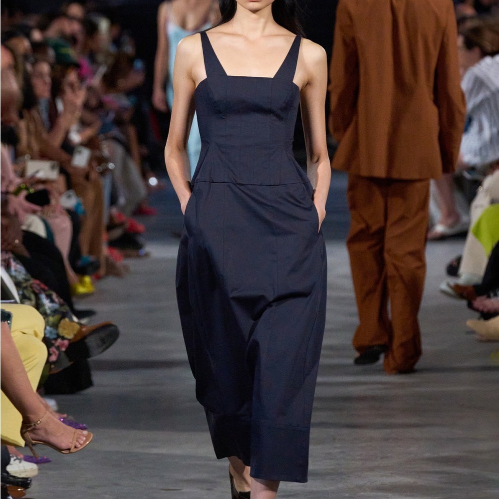 Tibi Navy Midi Dress with Square Neck